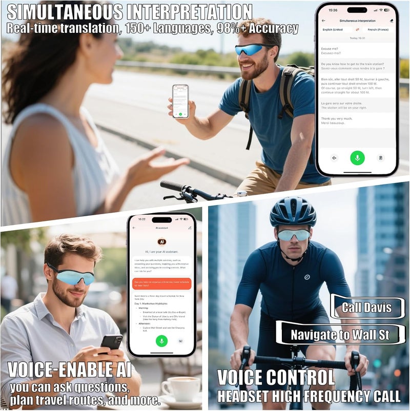 Dormiro Smart Glasses,AI Glasses,Bluetooth Sunglasses for Men/Women,150+ Languages Real-time Translation,Nano IPX7 Waterproof,Open Ear Headphones,Phone Voice/Touch Control Travel Cycling - Image 5